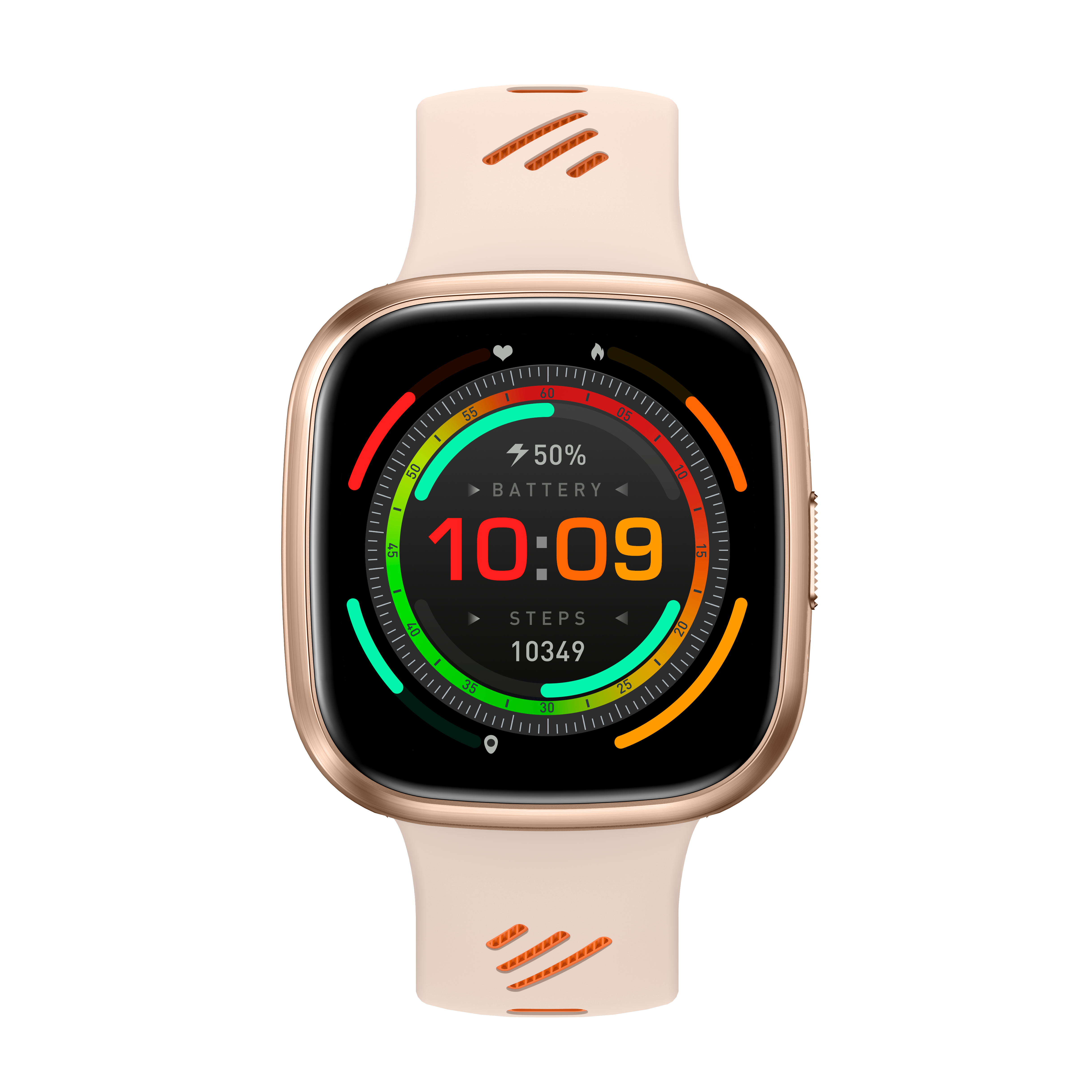 Smartwatch mit goldenem Gehäuse, zeigt Zeit, Akkulaufzeit und Schritte an. Beiges Armband auf schwarzem Hintergrund.