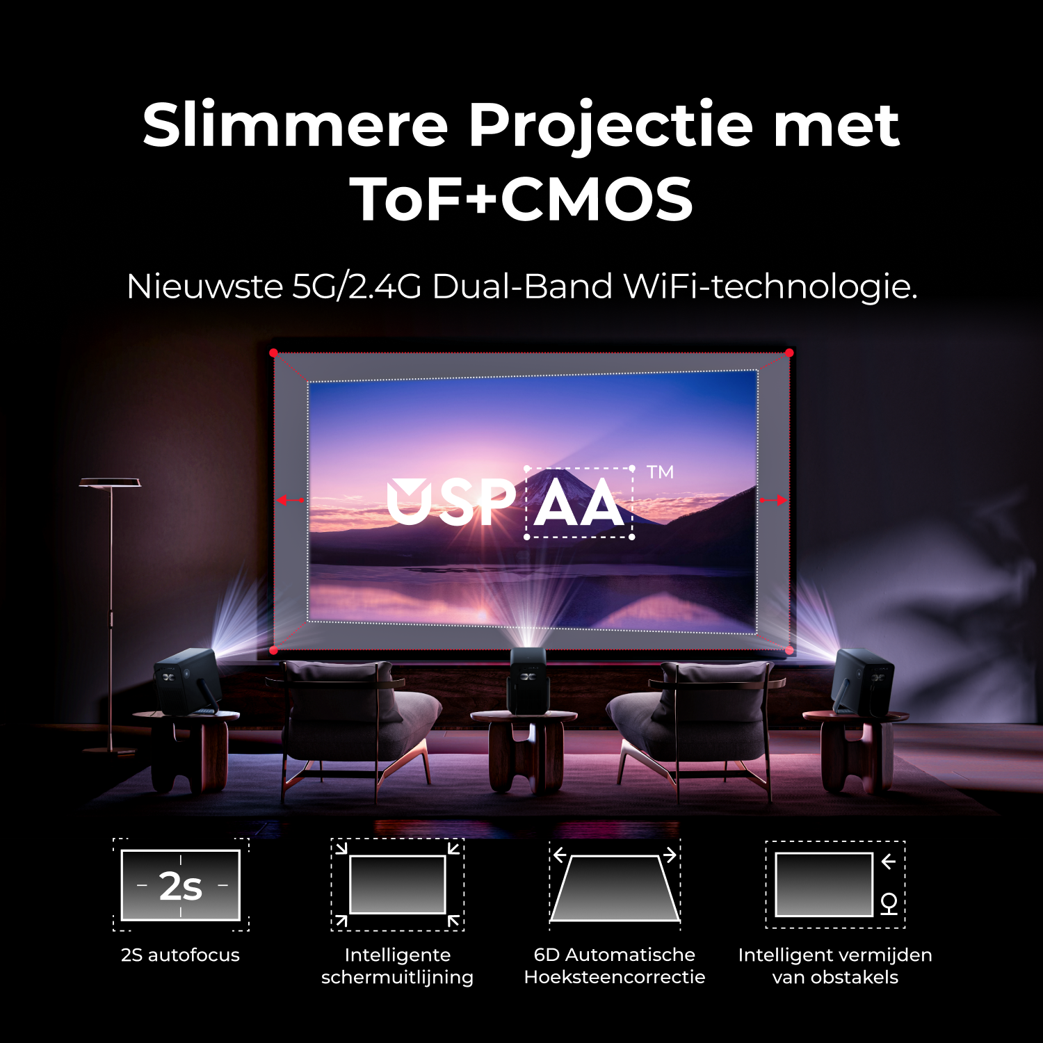 Projecteur projetant sur un écran. Texte : 2S autofocus, alignement intelligent de l'écran, correction trapézoïdale 6D.