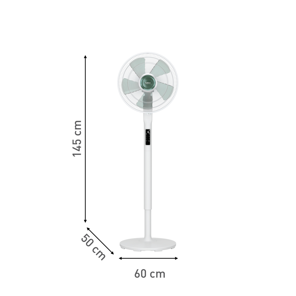 Ventilador de pie blanco. Dimensiones: 145 cm alto, 50 cm ancho, 60 cm base.