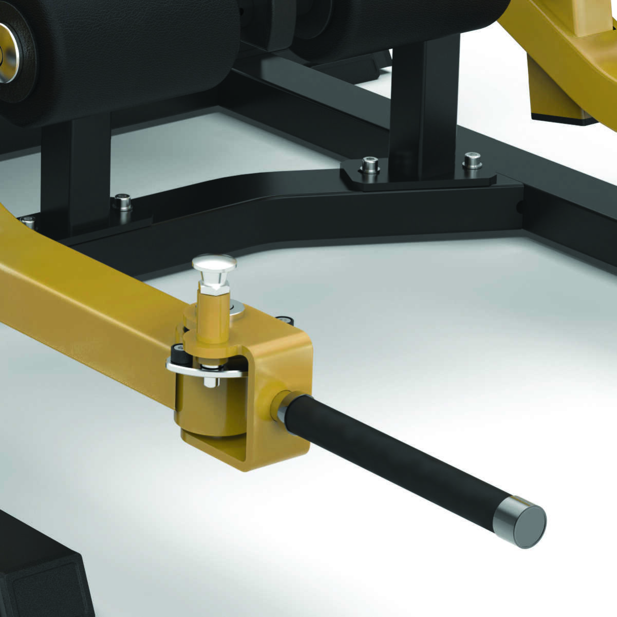 Close-up van het verstelmechanisme van een goud en zwarte Butt Shaper machine met een zilveren knop en handgreep.