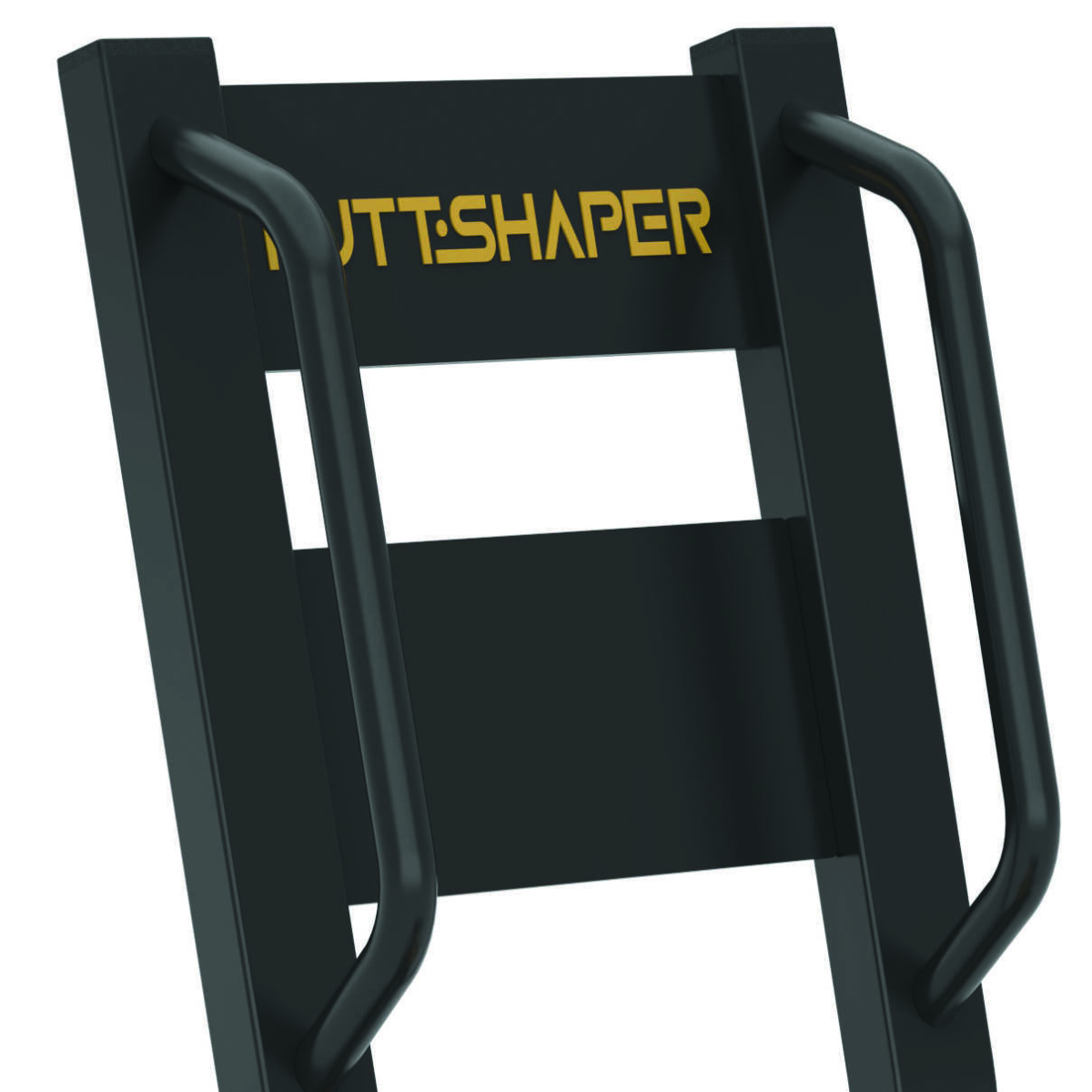 Close-up van een zwarte Butt Shaper machine met gouden letters, met een ladderachtig ontwerp met handgrepen.