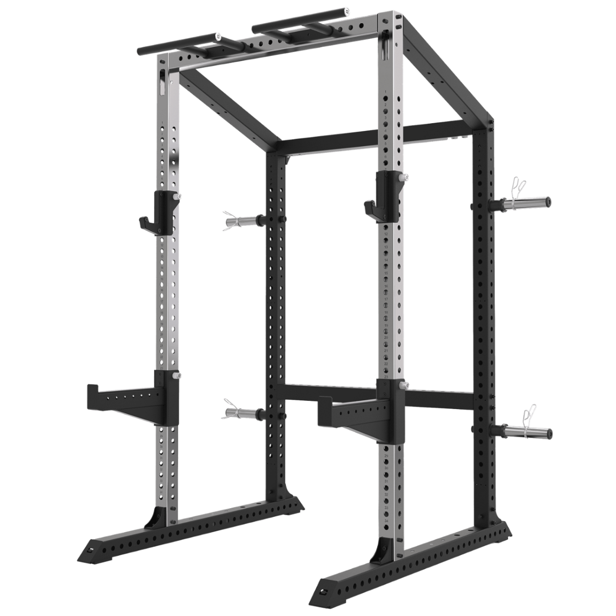 Un power rack noir et argent avec barres de traction, rangement de poids et supports de barre réglables.
