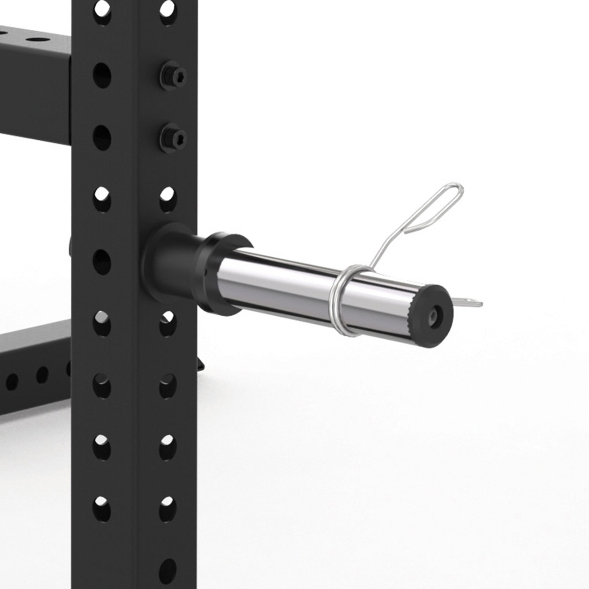 Gros plan sur un composant métallique d'une machine de gym. Barre argentée avec butée noire et goupille de sécurité.