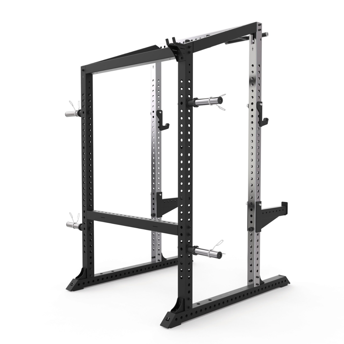 Rack de musculation noir et argent, avec crochets réglables et supports de barre, sur fond blanc.