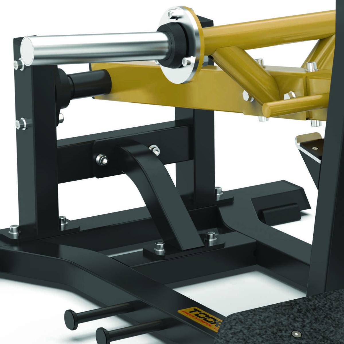 Gros plan sur la machine ButtShaper montrant le cadre, le support doré et la barre sur fond blanc.