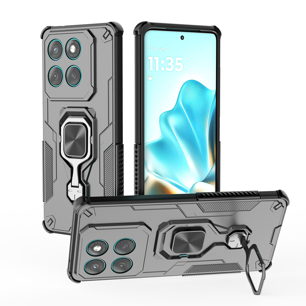 Drie grijze telefoonhoesjes met ringhouders. Een telefoon staat in het midden. Het scherm van de telefoon toont de datum en tijd.
