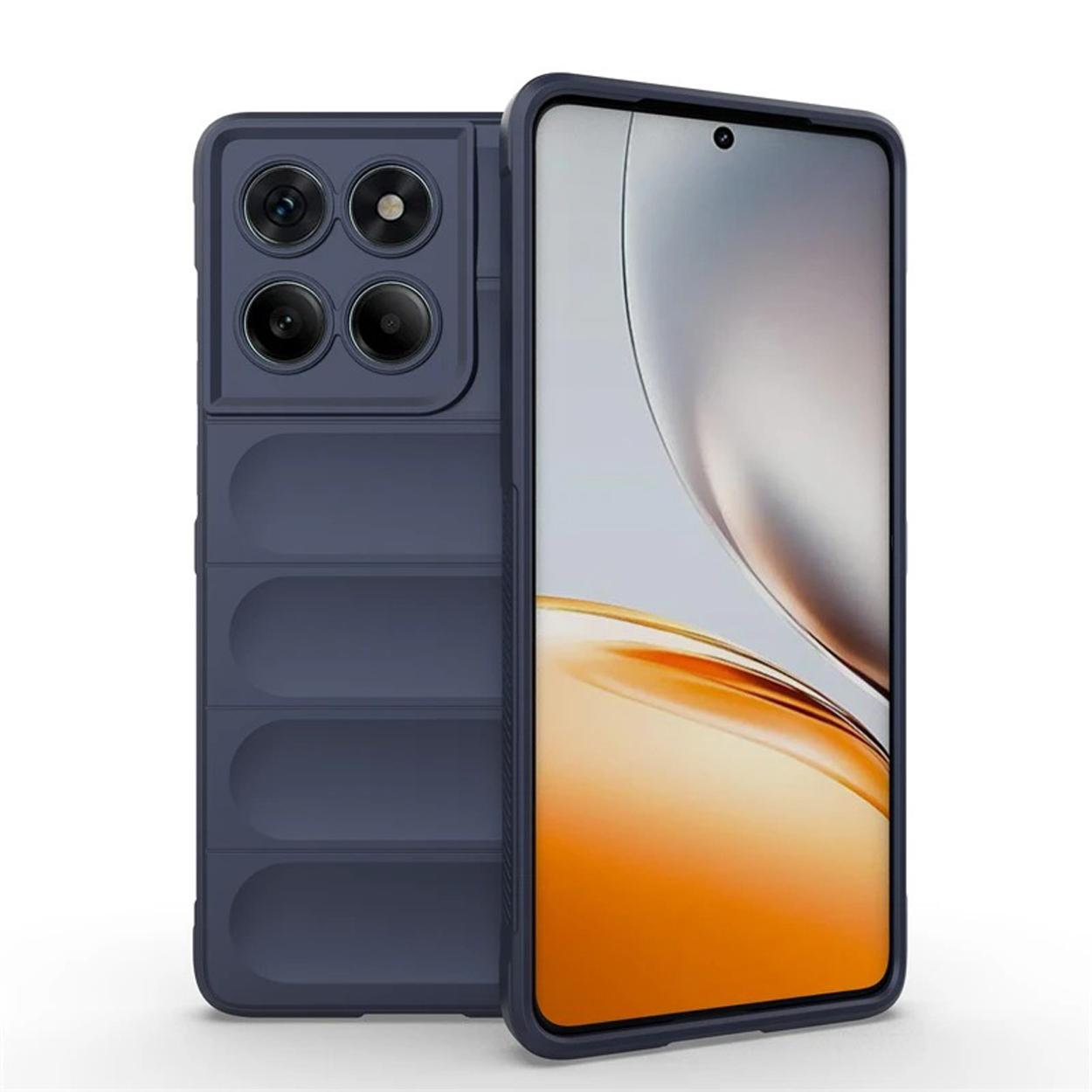 Coque de téléphone bleue avec un téléphone. La coque a un cache caméra. Le téléphone affiche un écran avec un design blanc et orange.