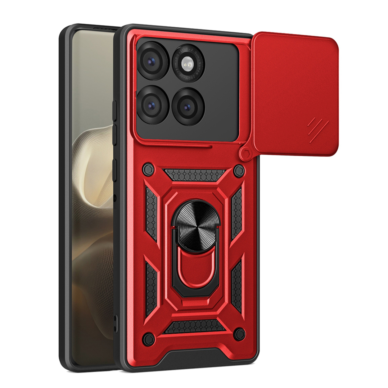 Rood telefoonhoesje met camerahoes en ringhouder. Een telefoon is gedeeltelijk zichtbaar. Zwarte en rode details.