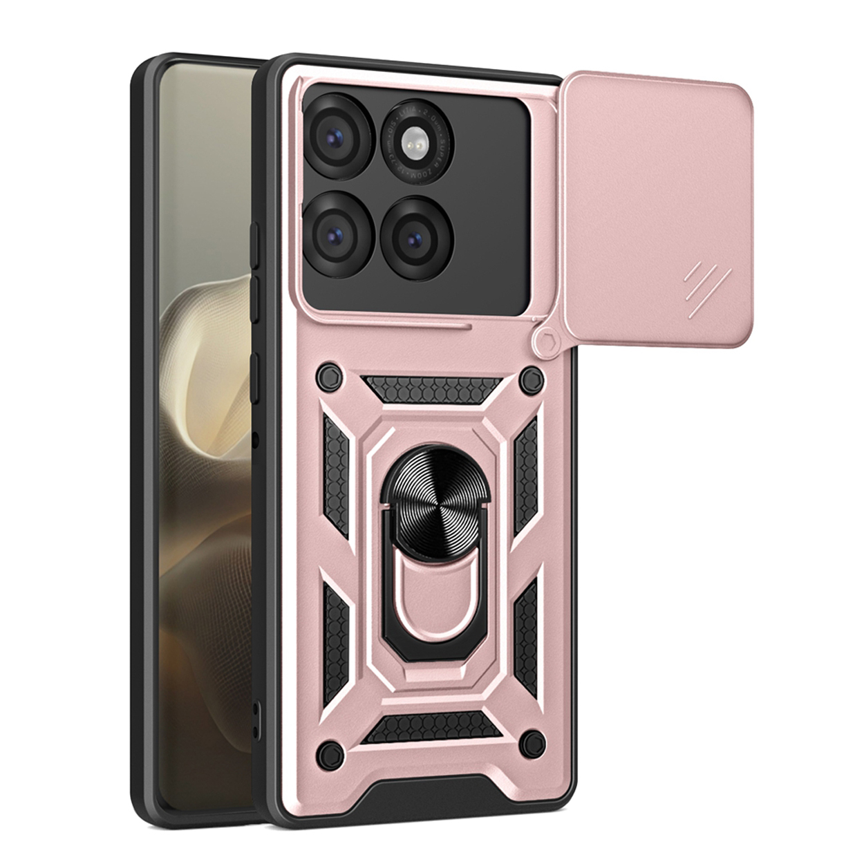 Coque de téléphone or rose avec cache caméra et support de bague. Téléphone partiel. Détails noirs et or rose.