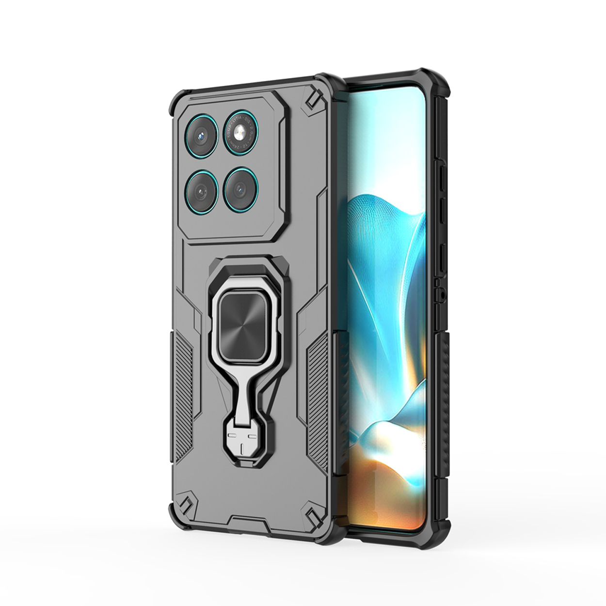 Grijze beschermhoes met ringhouder. Robuust ontwerp, vier camera-uitsparingen, witte achtergrond.