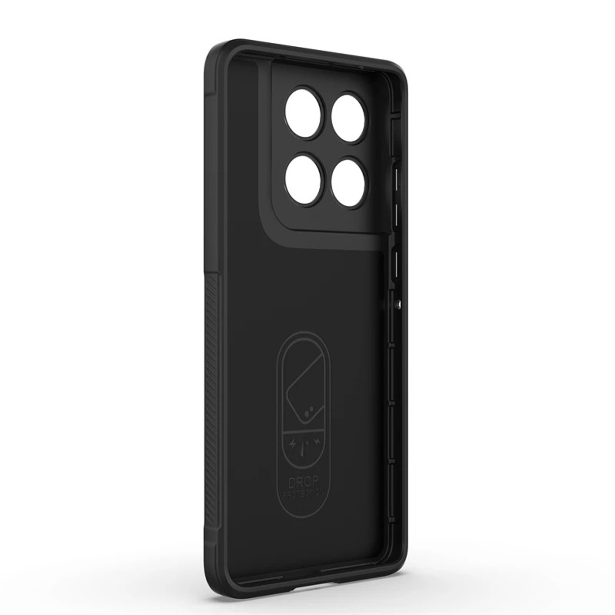 Intérieur de coque noire. Ouverture pour caméras et design pour protection contre les chutes.