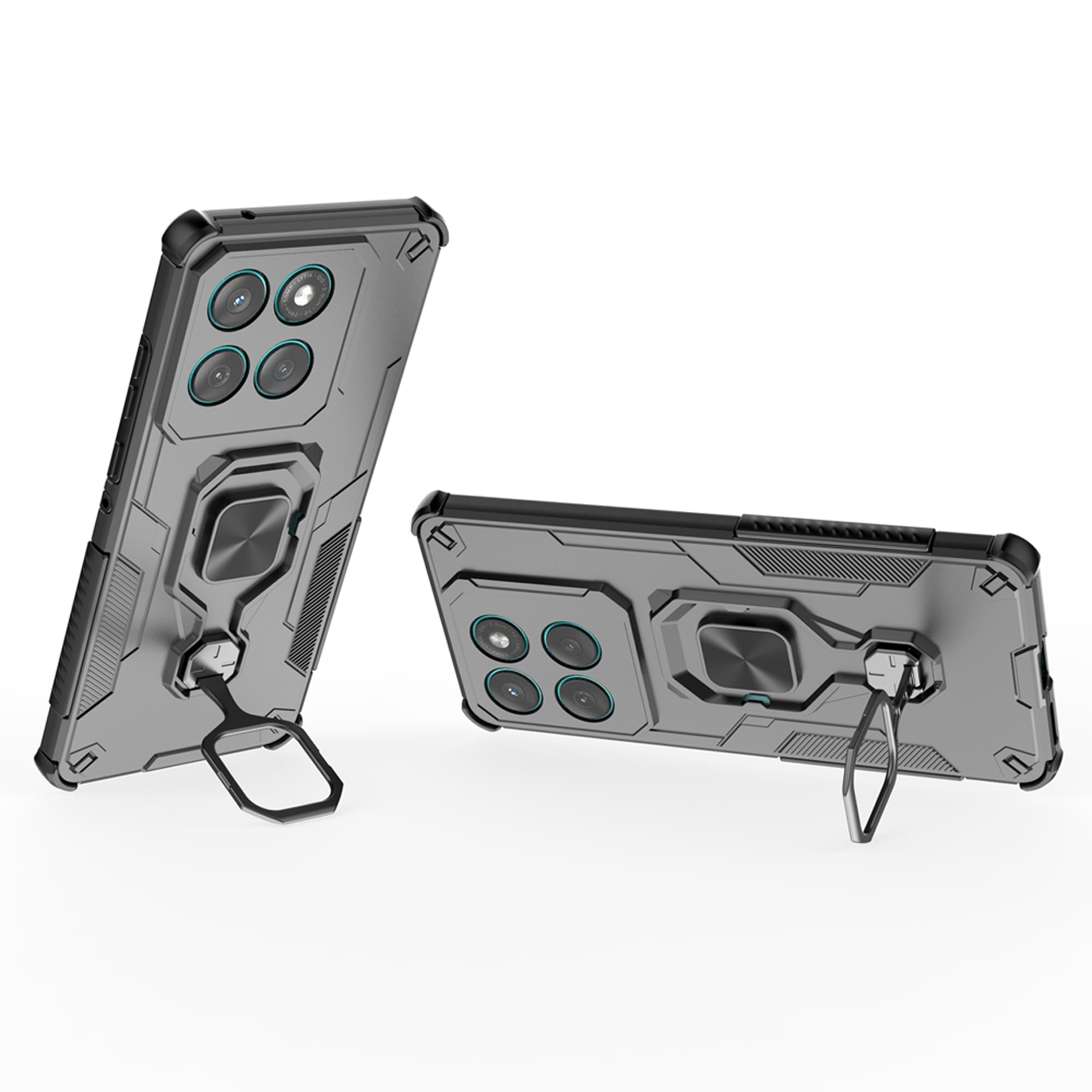 Twee grijze telefoonhoesjes met een ringhouder. Een hoesje staat rechtop. De ringhouder kan worden gebruikt om de telefoon neer te zetten.