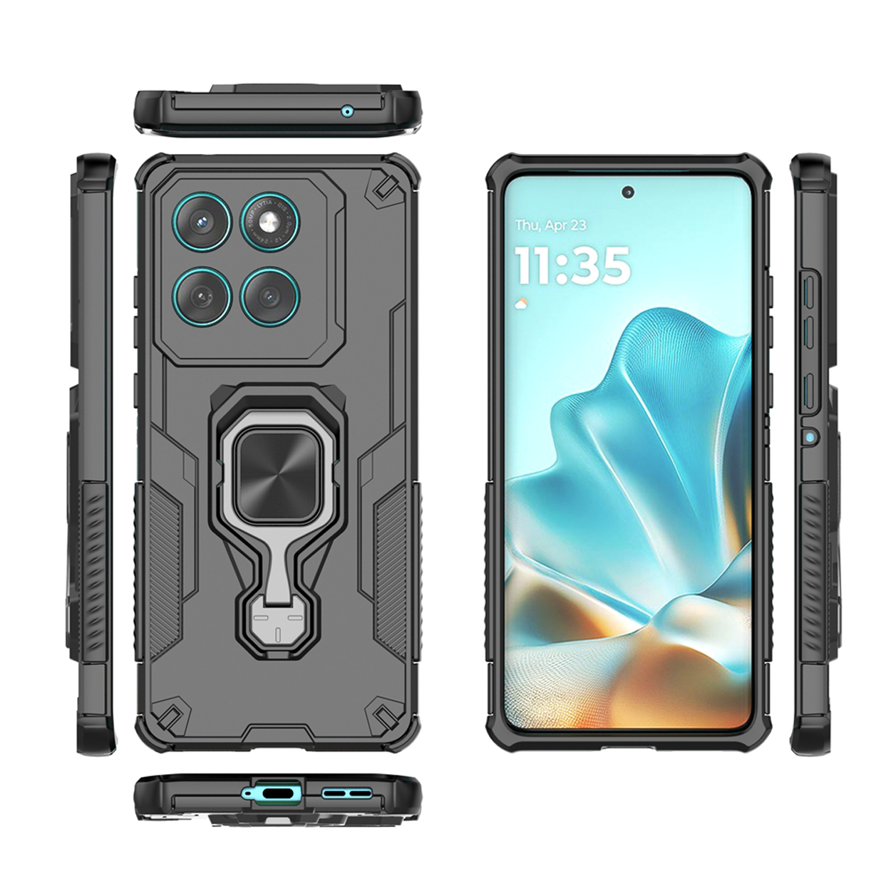 Meerdere weergaven van een grijs telefoonhoesje met een ringhouder. De telefoon staat in het midden. De hoes heeft een camerahoes.