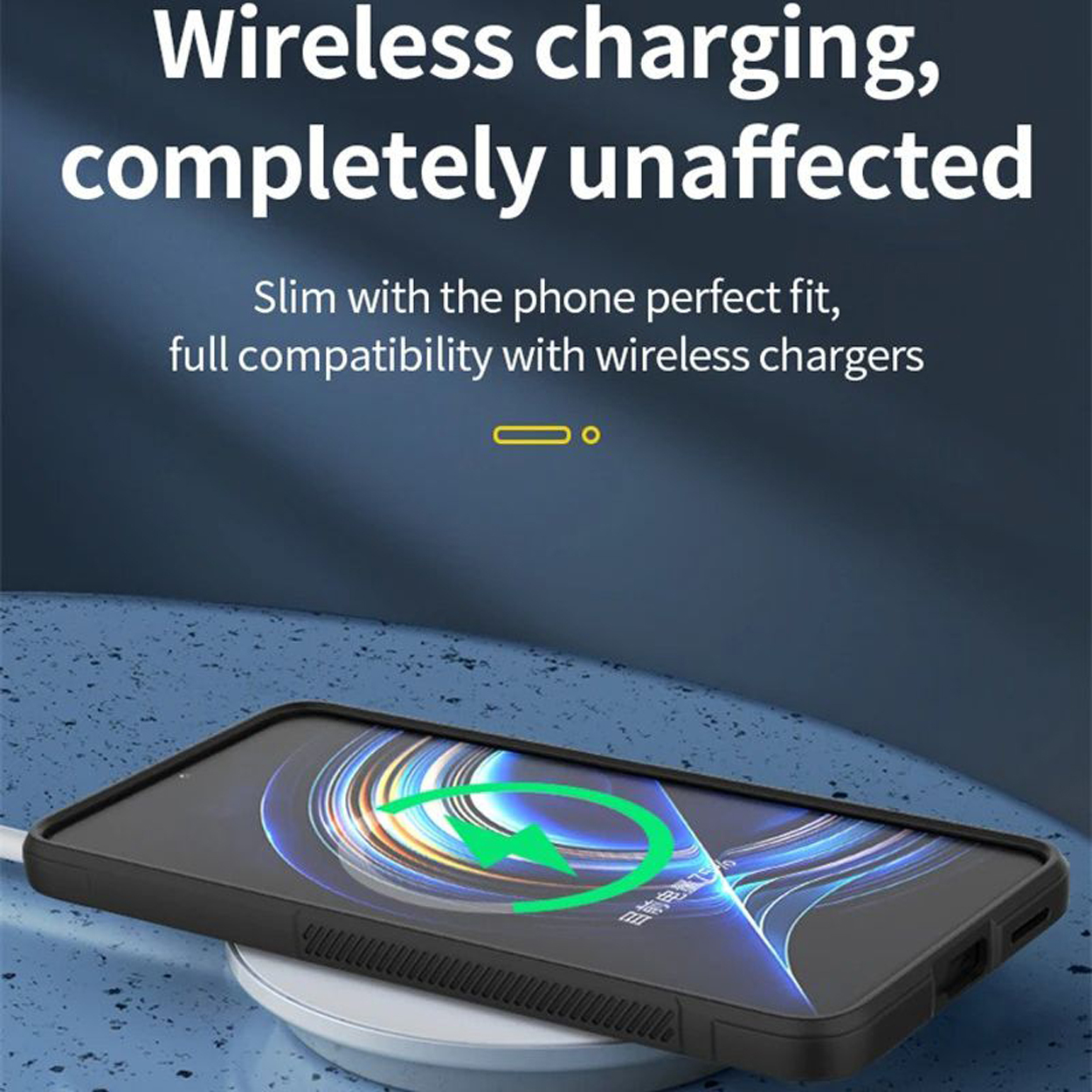 Téléphone noir sur un chargeur sans fil. L'écran affiche un symbole de chargement. Les superpositions de texte indiquent qu'il est compatible avec la recharge sans fil.