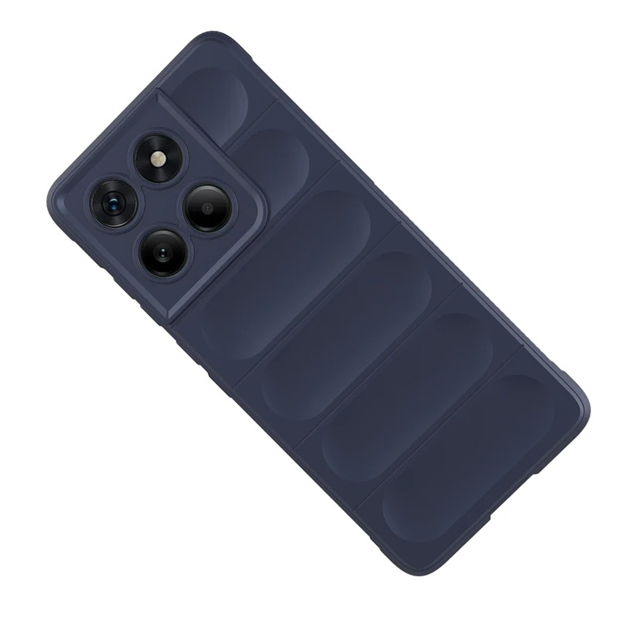 Une coque de téléphone bleue avec un design strié. La coque est inclinée, le côté caméra vers le haut.