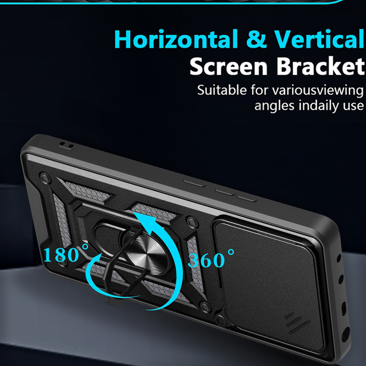 Une coque de téléphone noire avec un support de bague. Le support de bague peut pivoter à 180 et 360 degrés.