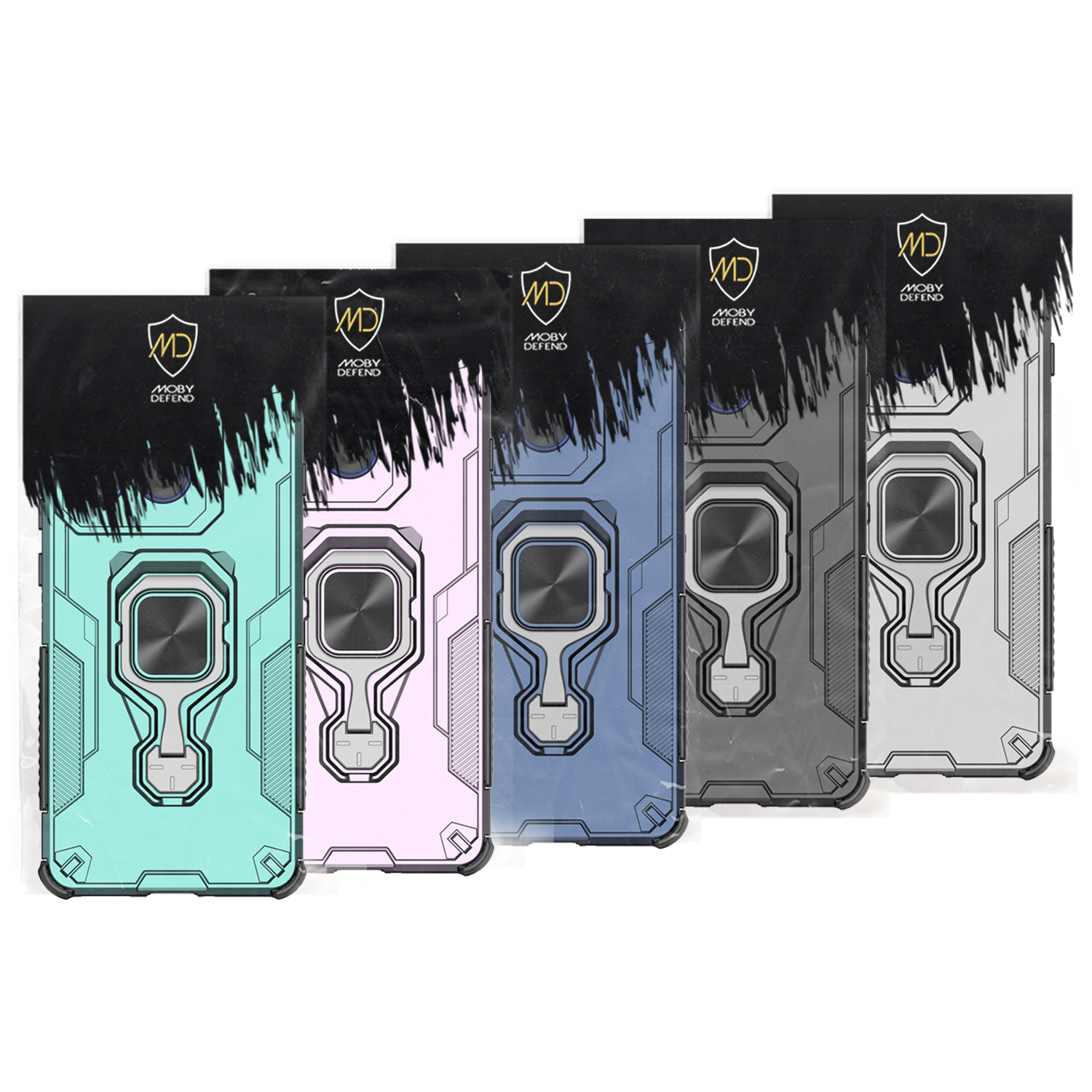 Telefoonhoesjes in verschillende kleuren worden in een rij weergegeven. Elk hoesje heeft een ringhouder. De achtergrond is effen.