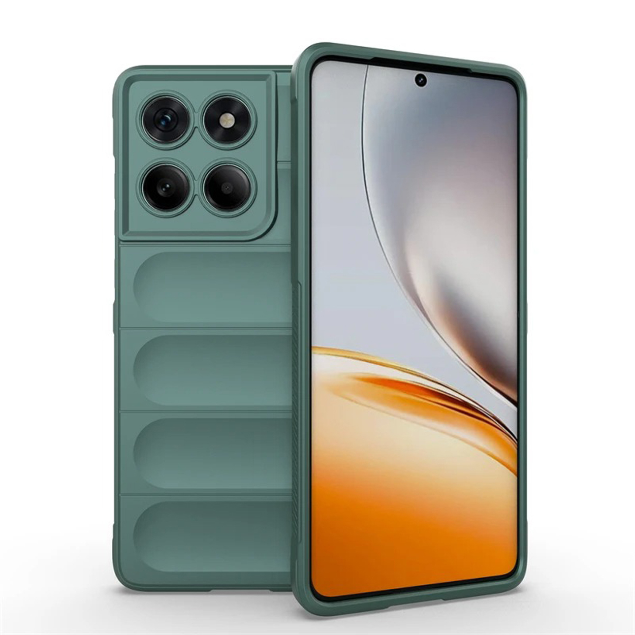 Coque de téléphone verte avec un téléphone. La coque a un cache caméra. Le téléphone affiche un écran avec un design blanc et orange.