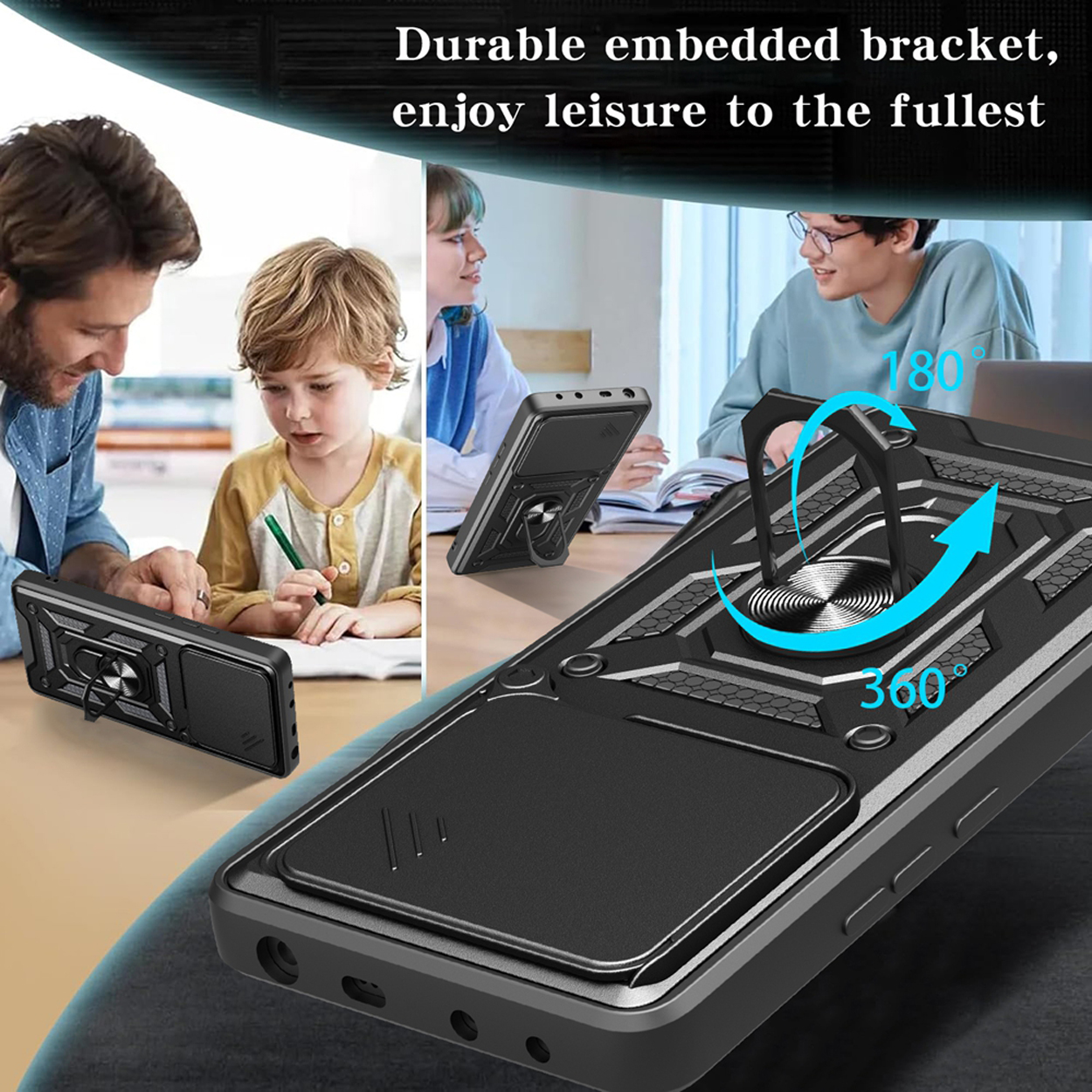 Image montrant un téléphone avec un étui, et des personnes profitant de loisirs, avec un support d'anneau sur l'étui.