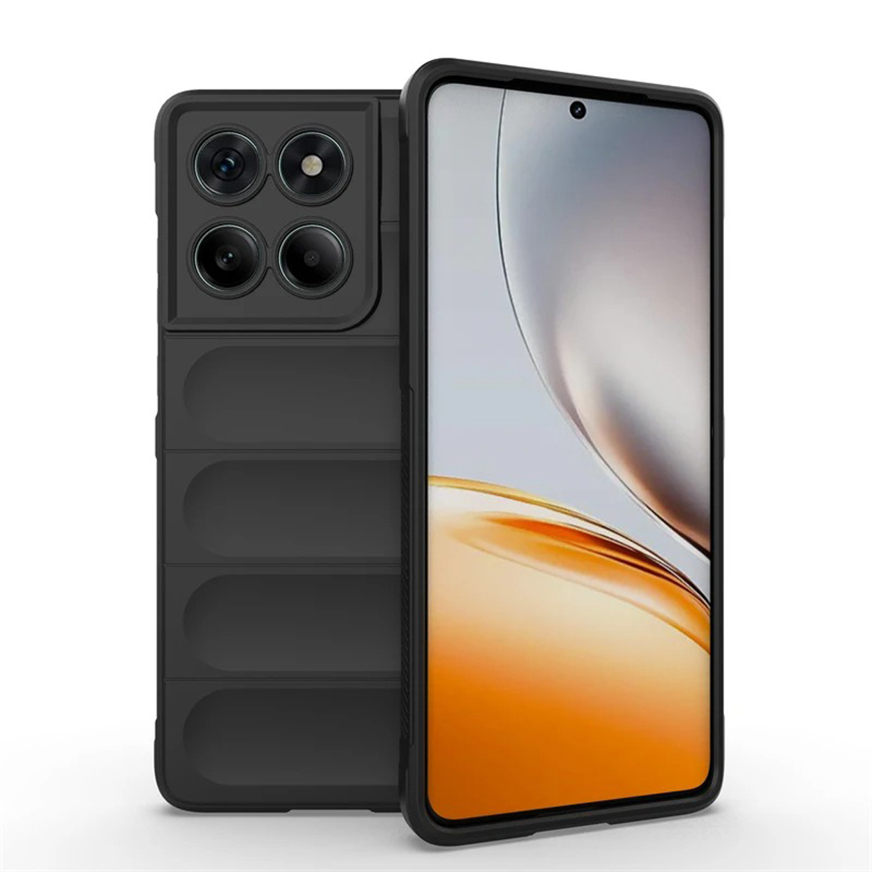 Coque de téléphone noire. L'étui comporte une ouverture pour quatre lentilles et un design rainuré au dos.