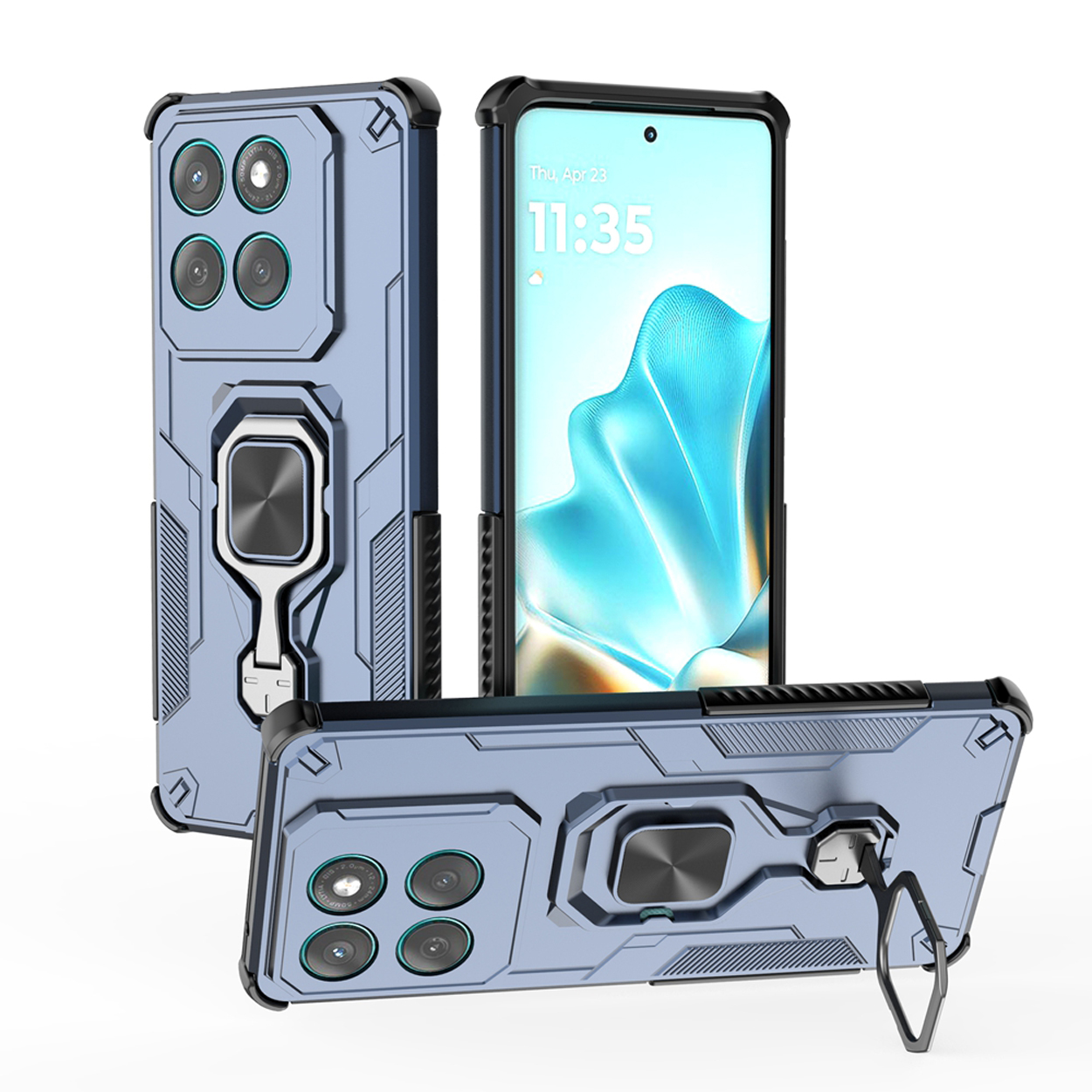 Blauwe telefoonhoes met een ring en telefoon aan de zijkant. Meerdere weergaven.