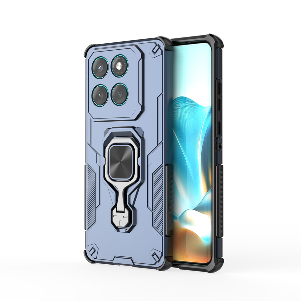 Blauwe telefoonhoes met een ring en telefoon aan de zijkant.