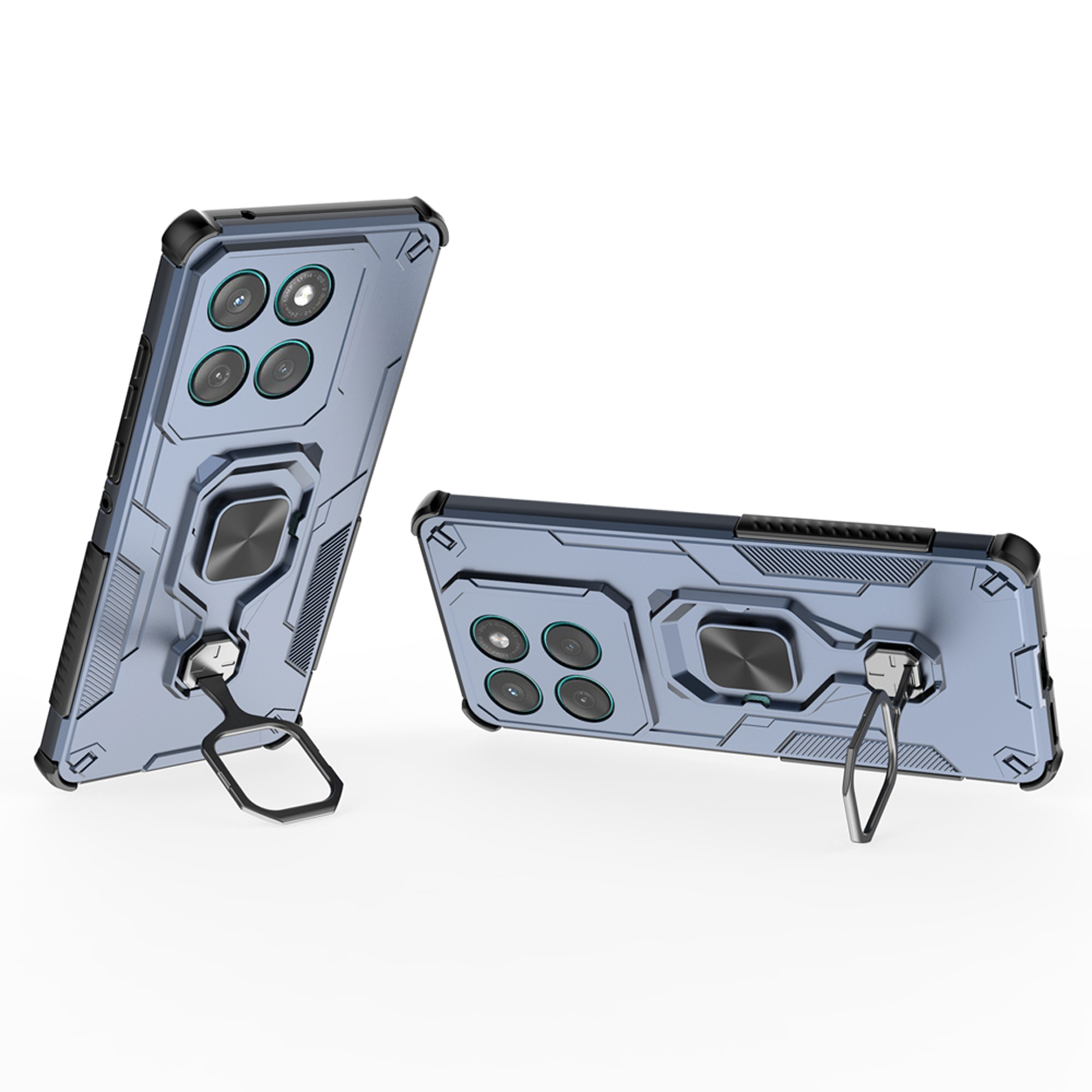 Blauwe telefoonhoesjes met ringhouders. Eén telefoon staat, een andere ligt. Witte achtergrond.