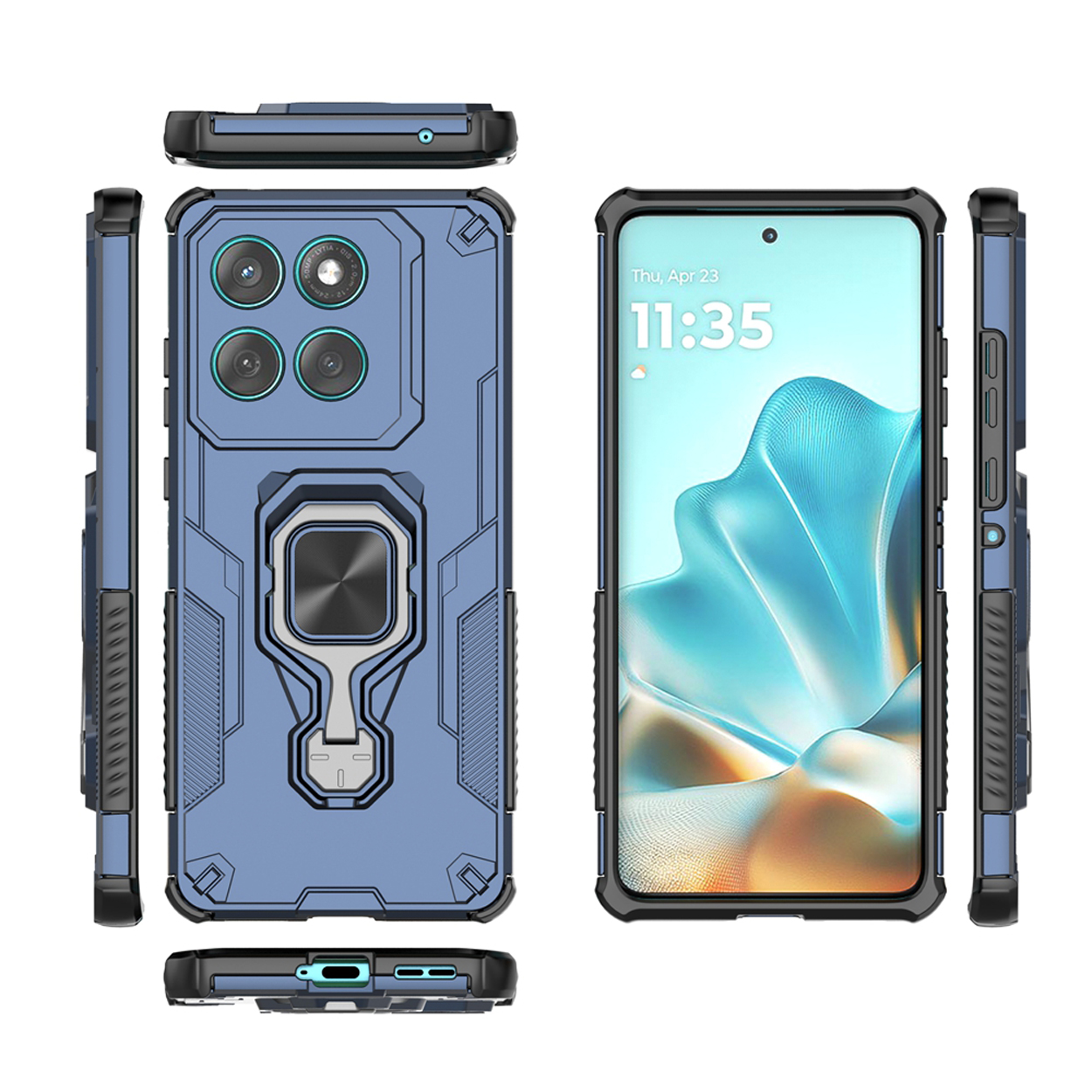 Blauwe telefoonhoes met meerdere camera's en een ringhouder. Telefoonscherm toont datum en tijd.