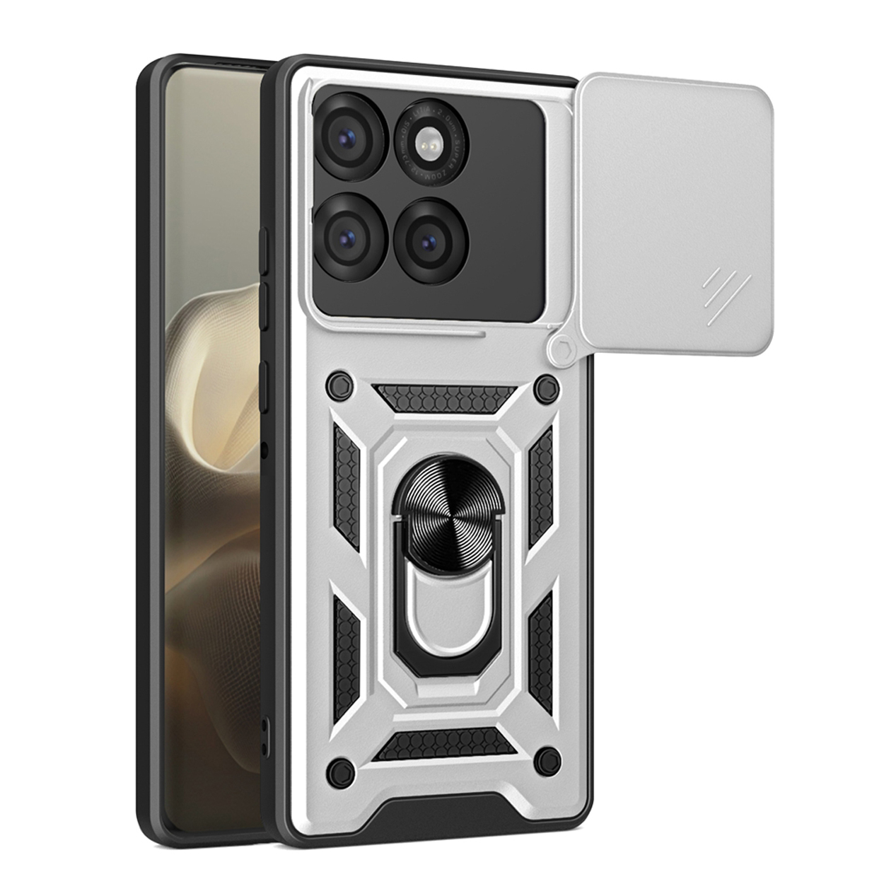 Zilveren telefoonhoesje met een cameralensafdekking. De afdekking is open en toont de cameralenzen en een ring.