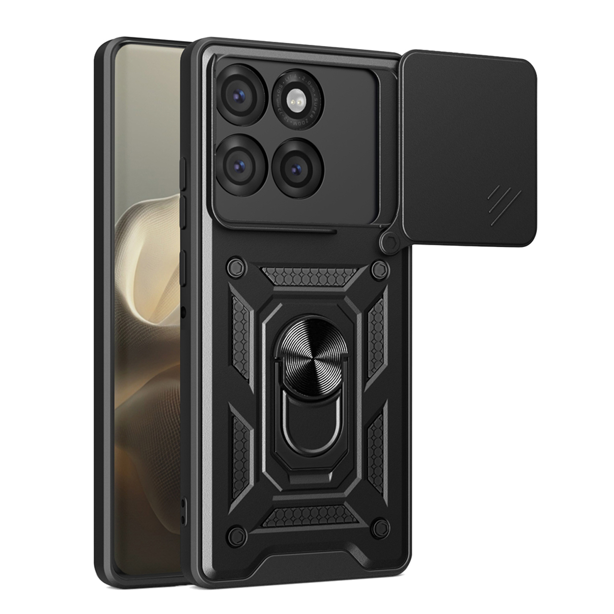 Coque de téléphone noire avec cache caméra. Le cache est ouvert, montrant les lentilles de l'appareil photo et un anneau.