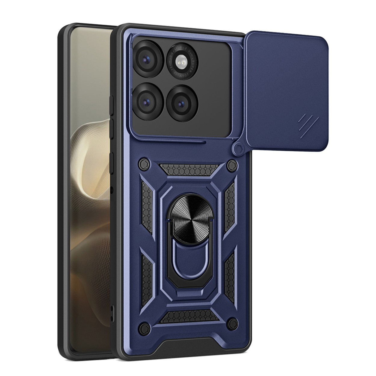 Coque de téléphone bleu foncé avec cache caméra et anneau. Le cache est ouvert, montrant les lentilles.