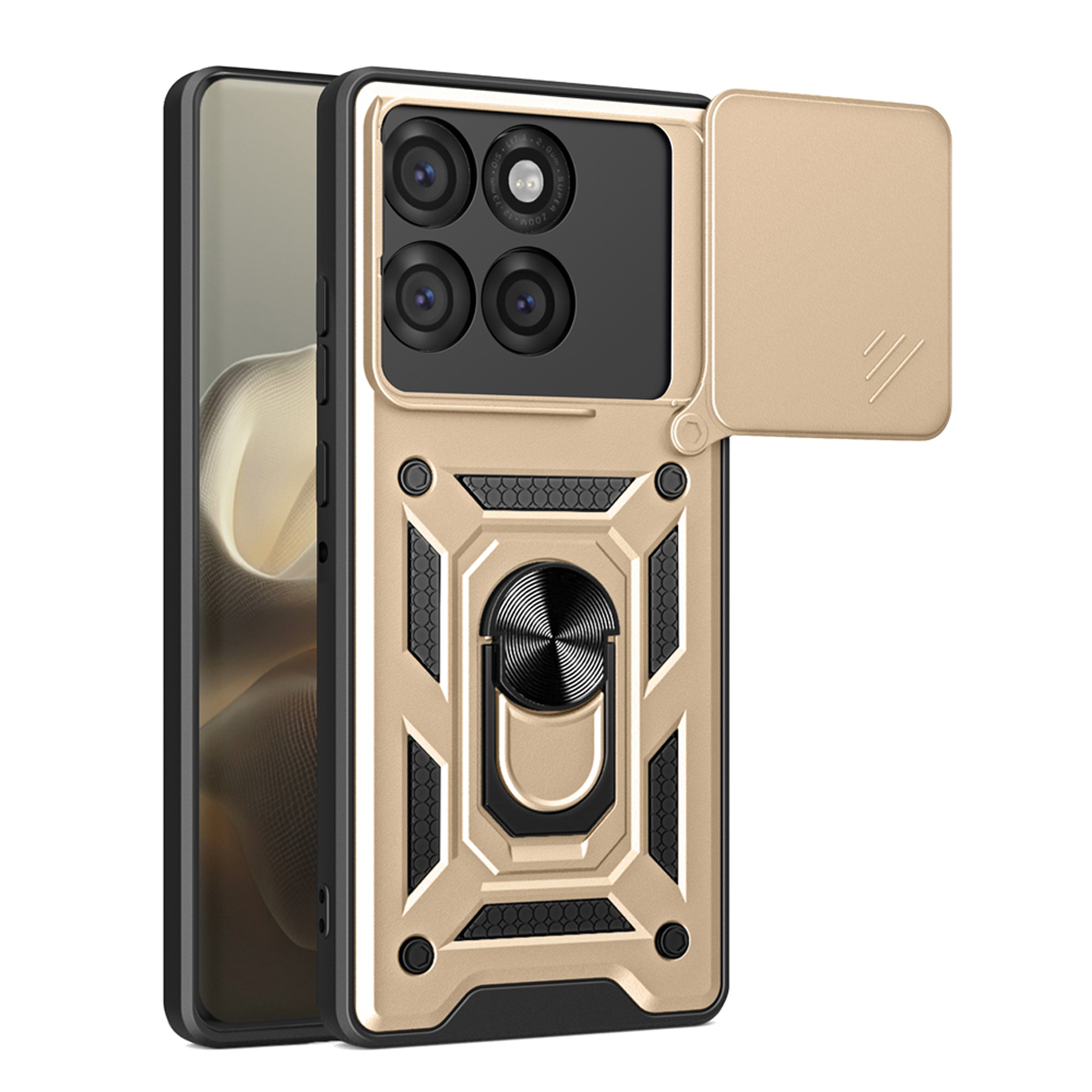 Gouden telefoonhoes met een cameralensafdekking. De afdekking is open en toont de cameralenzen en een ring.