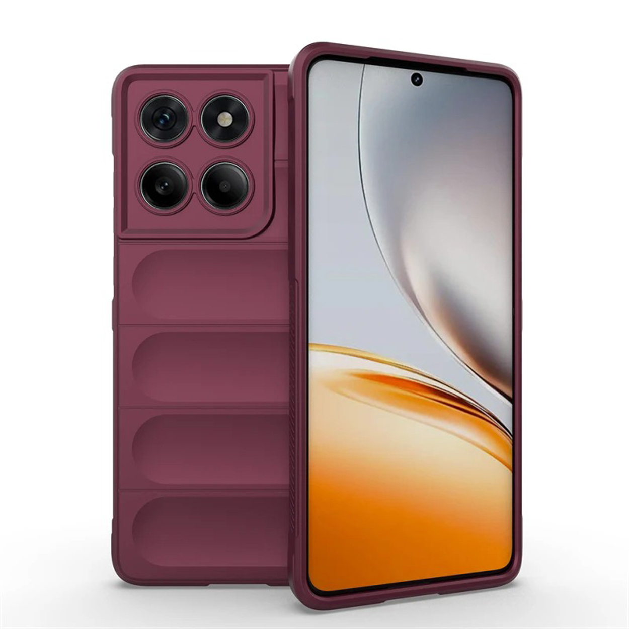 Bourgondische telefoonhoes met meerdere camera's aan de achterkant. Telefoonscherm toont een lichte achtergrond.