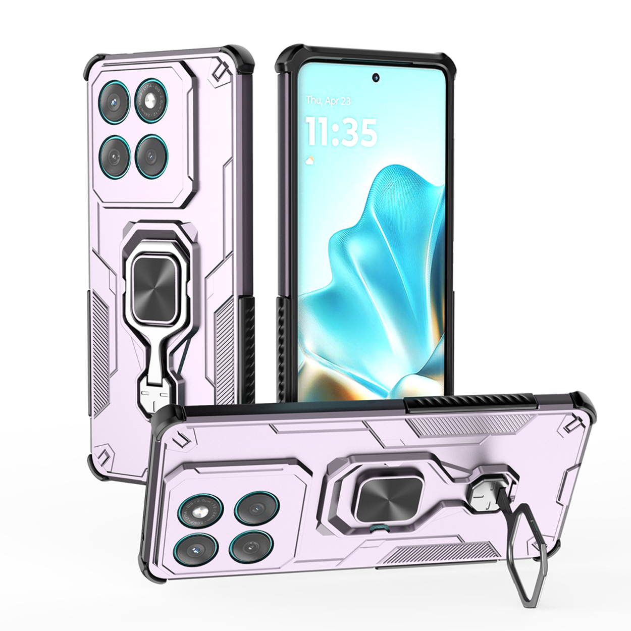 Drie telefoonhoesjes met ringhouders in roze, verschillende hoeken. Het scherm toont de tijd.