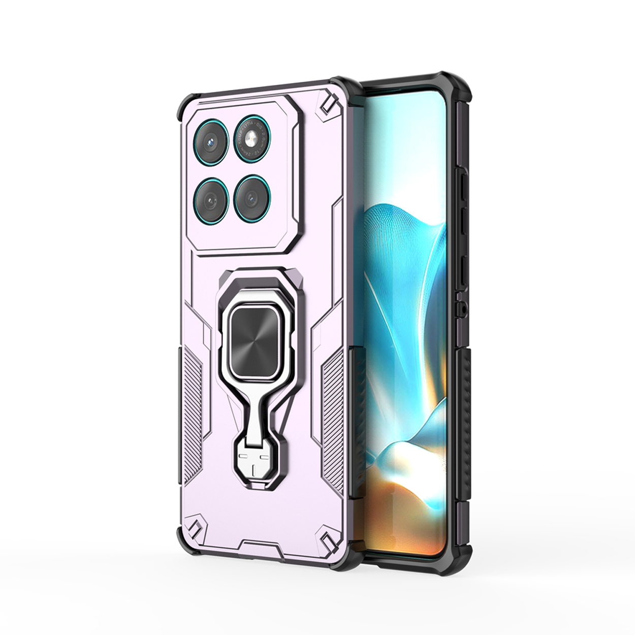 Roze telefoonhoes met meerdere camera's en ringhouder. Telefoonscherm toont een lichte achtergrond.