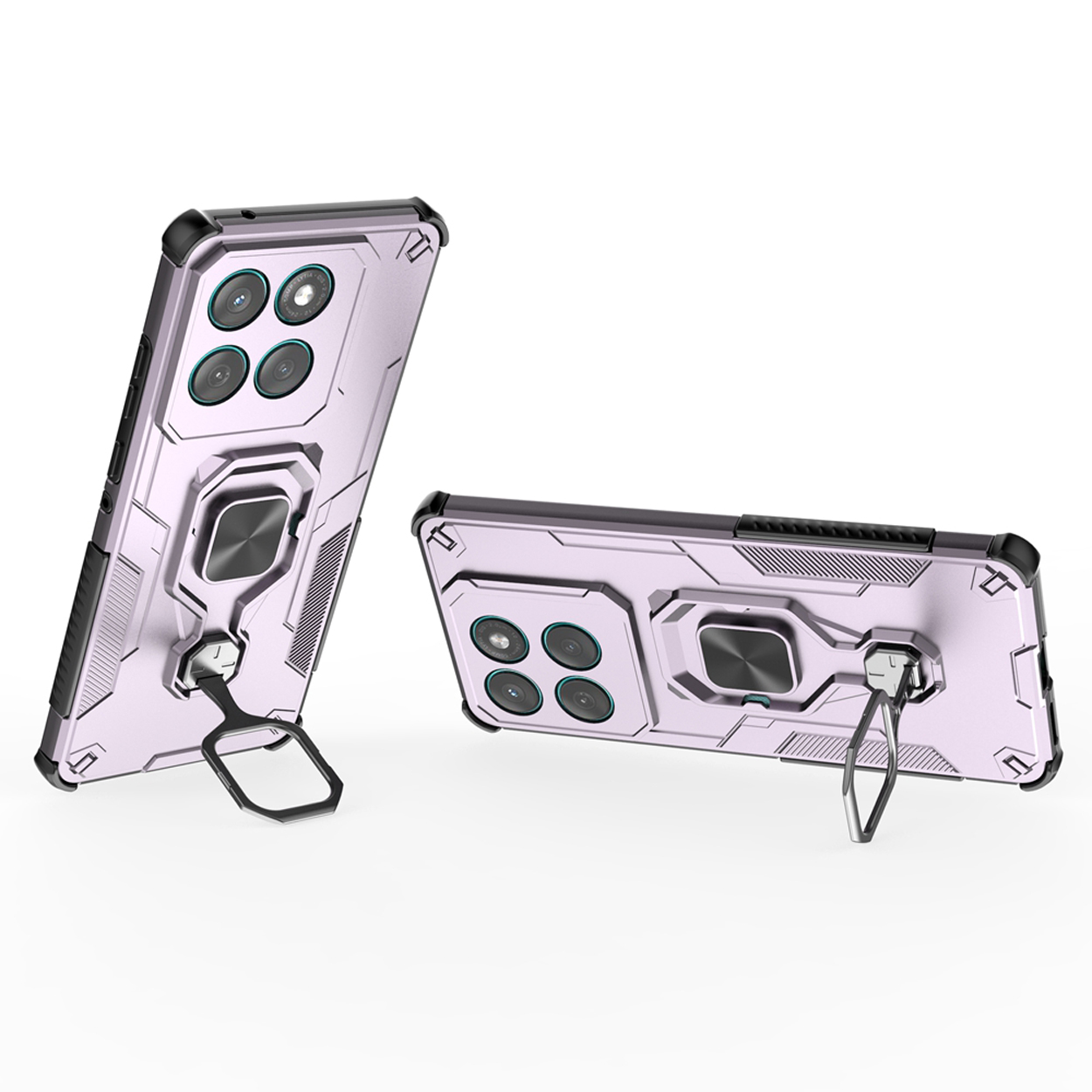 Twee telefoonhoesjes, in verschillende hoeken geplaatst. Roze hoesje met ring.