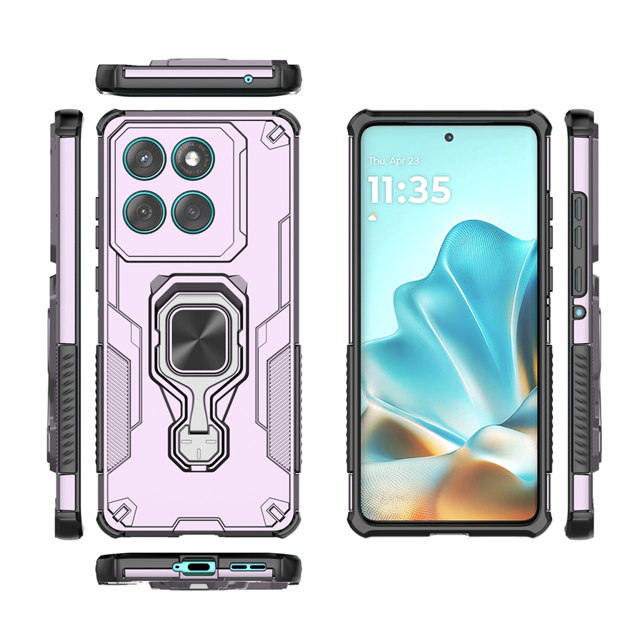 Meerdere weergaven van een roze telefoonhoesje met ringhouder en een telefoon die de tijd toont, blauwe achtergrond.