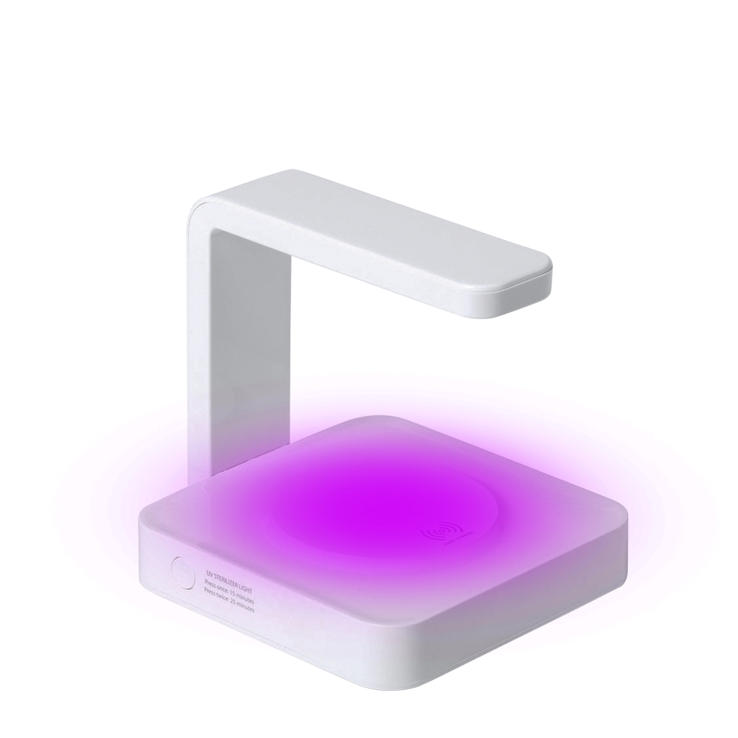 Sterilizzatore UV bianco con luce rosa. Ha una base e un braccio arcuato. Il testo sulla base indica le opzioni di tempo di sterilizzazione.