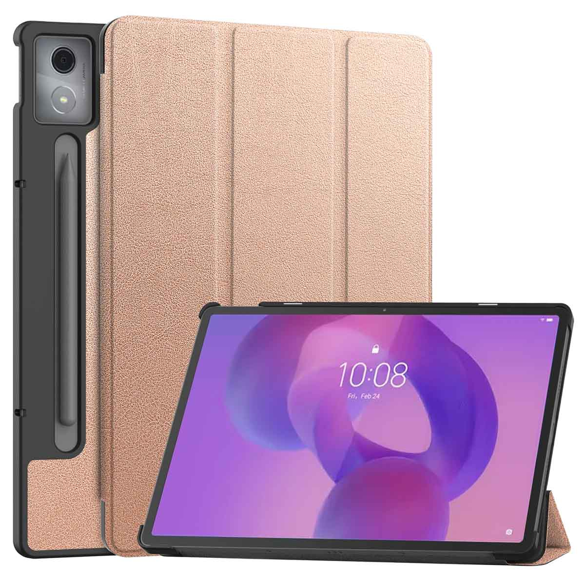 Roze tablethoes. Tablet met een scherm met kleurrijke abstracte kunst. De tijd is 10:08, vrijdag 24 februari.