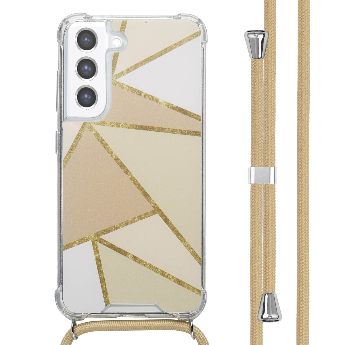 Telefoonhoesje met een beige design. Het design is geometrisch met gouden lijnen. Een beige lanyard is aan de telefoon bevestigd.