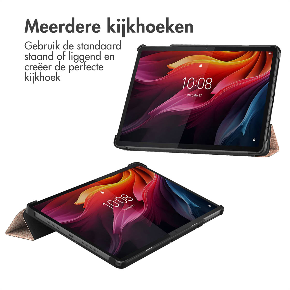 Tablets in a black case, in different positions. The screen shows the time is 10:08, Friday, Feb 24.