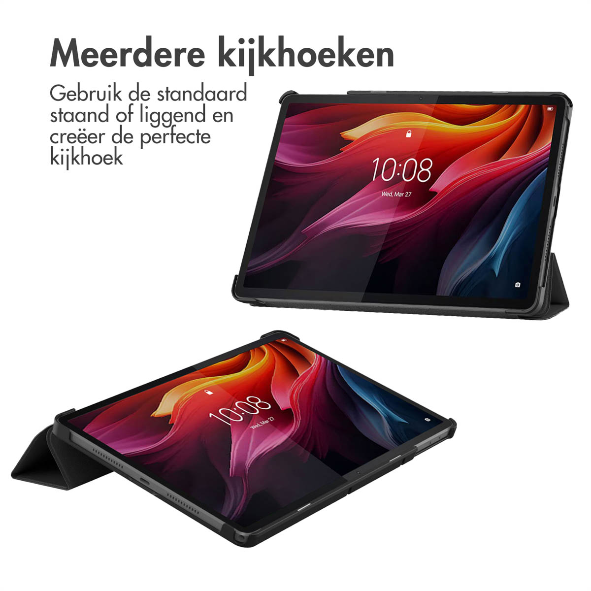 Tablets in a black case, in different positions. The screen shows the time is 10:08, Wednesday, Mar 27.