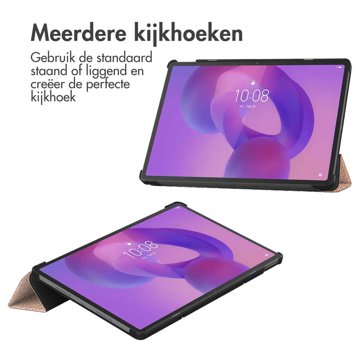 Tablets in een hoes, in verschillende posities. Het scherm toont de tijd 10:08, vrijdag 24 februari.