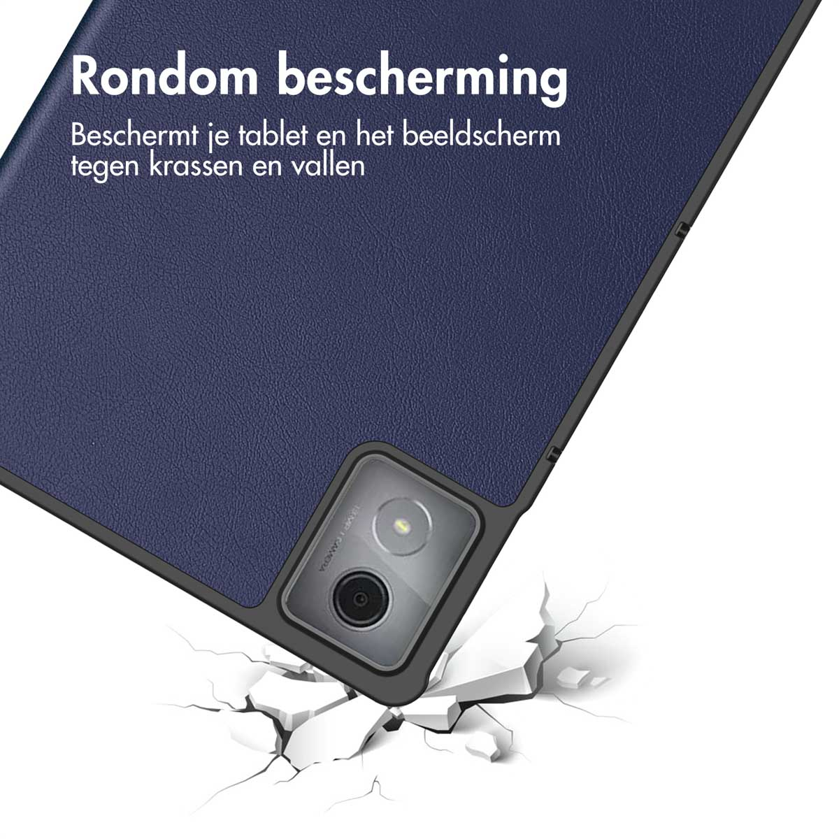 A phone case in dark blue color, with a black frame. White background, the case is cracking a surface.