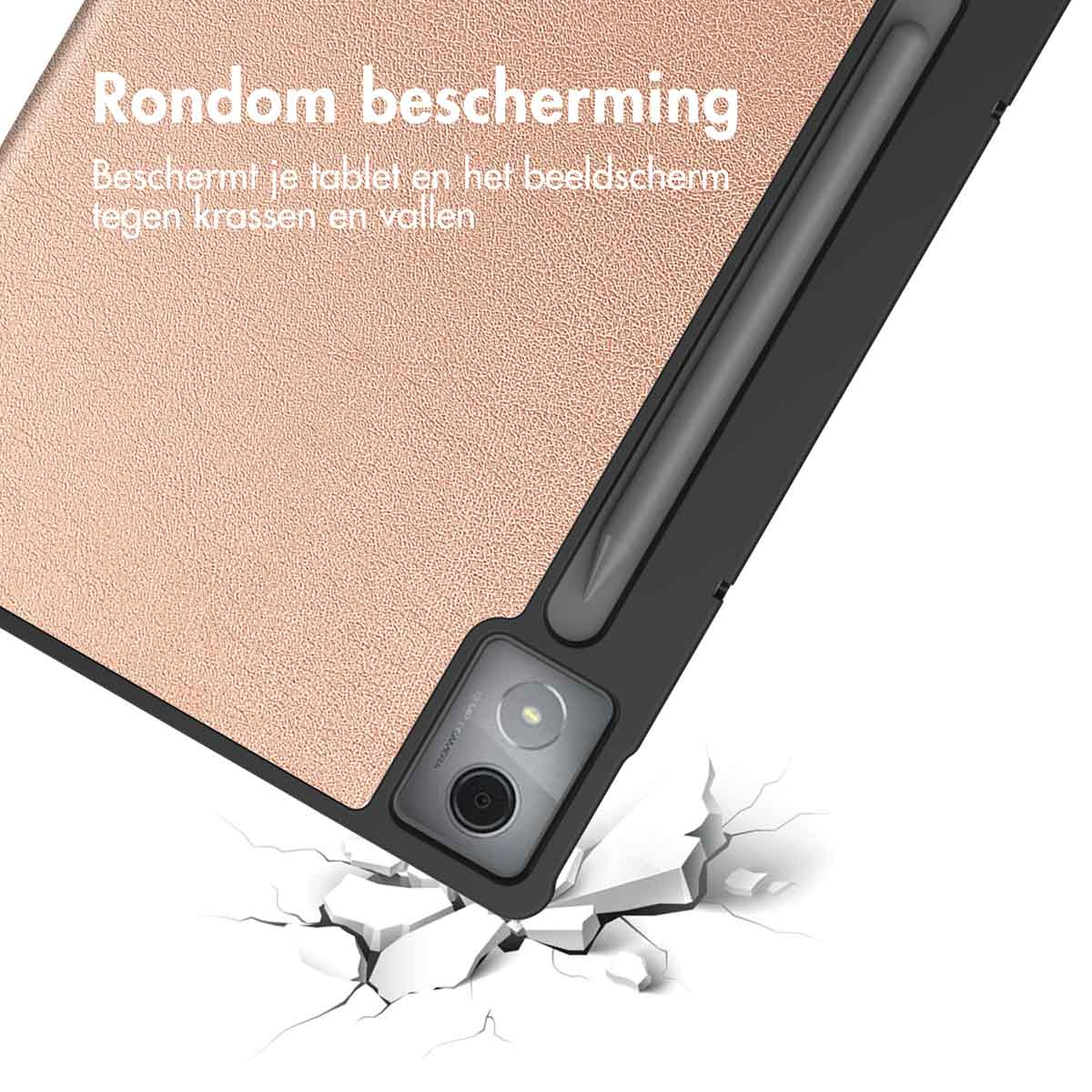 Een roze telefoonhoesje, met een zwart frame. Witte achtergrond, het hoesje barst een oppervlak.