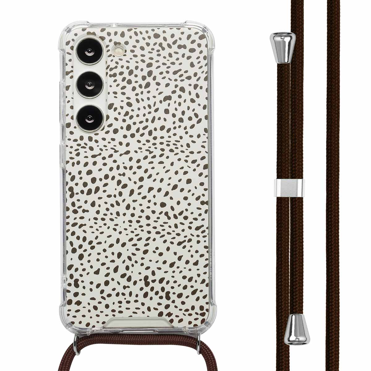 Een doorzichtig telefoonhoesje met bruine vlekken en een bruin bandje. Het hoesje staat op een witte achtergrond.
