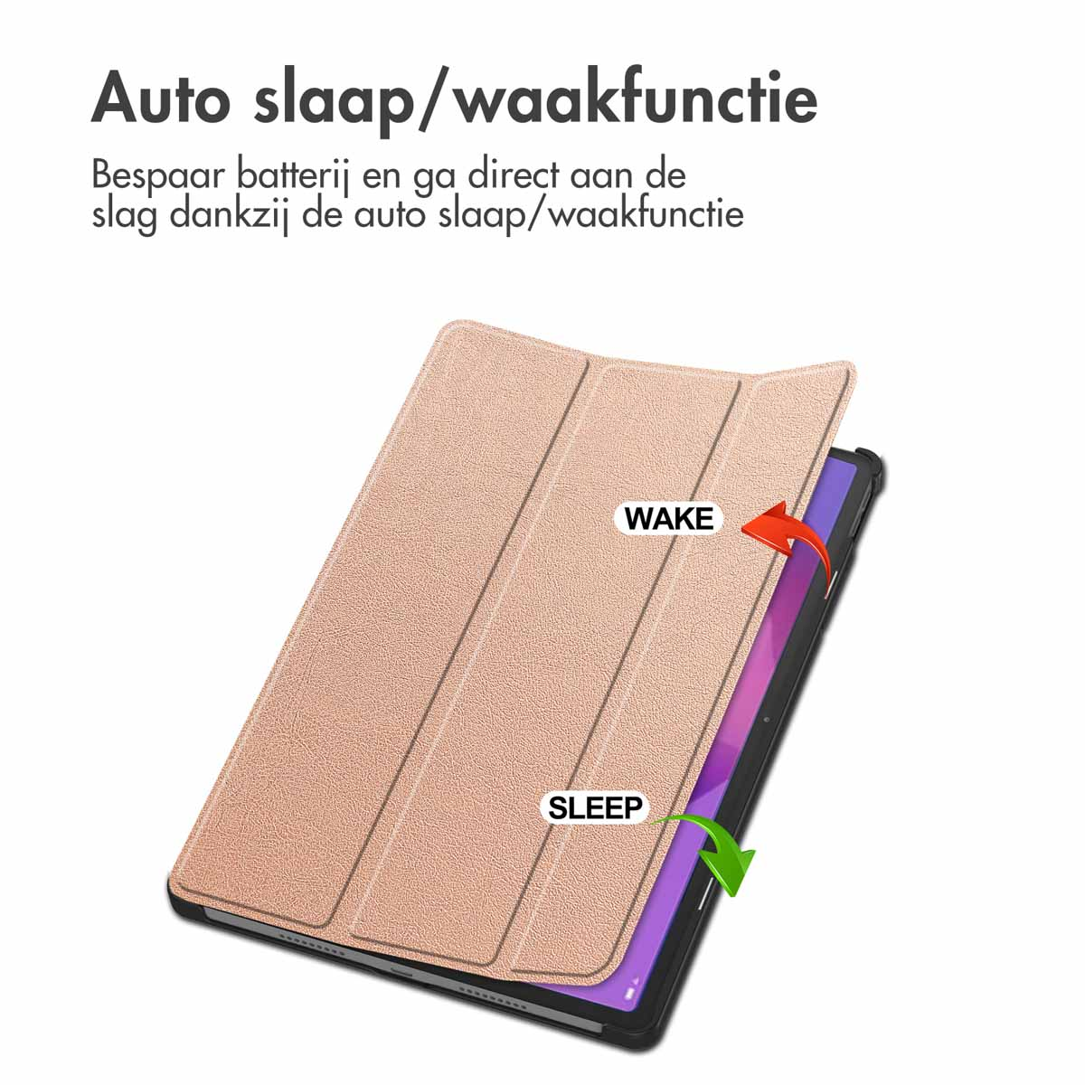 Tablethoes open, een tablet tonend. Tekst: SLEEP en WAKE met pijlen. Kleur: roze.