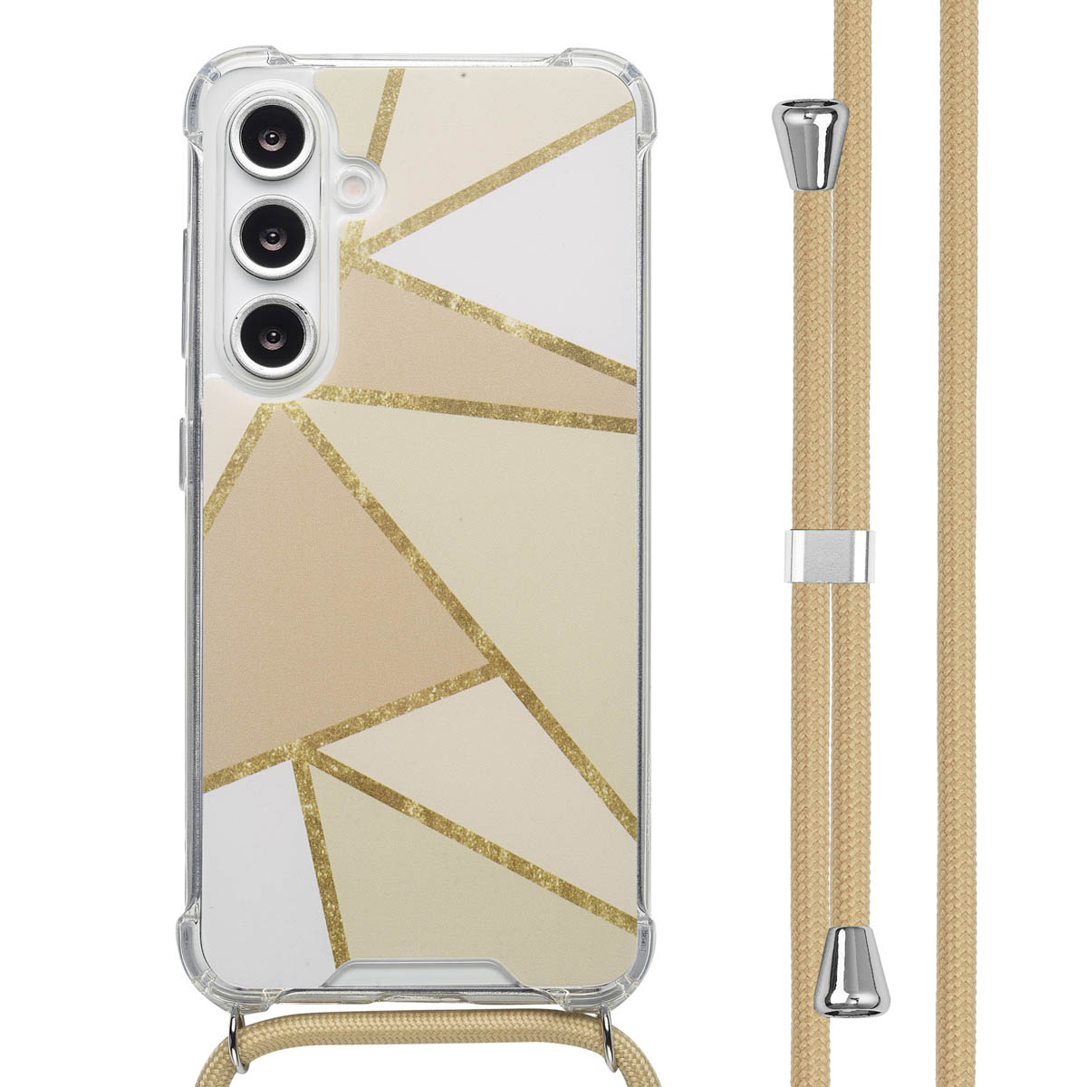 Coque avec motif géométrique beige et doré, cordon beige et détails argentés.