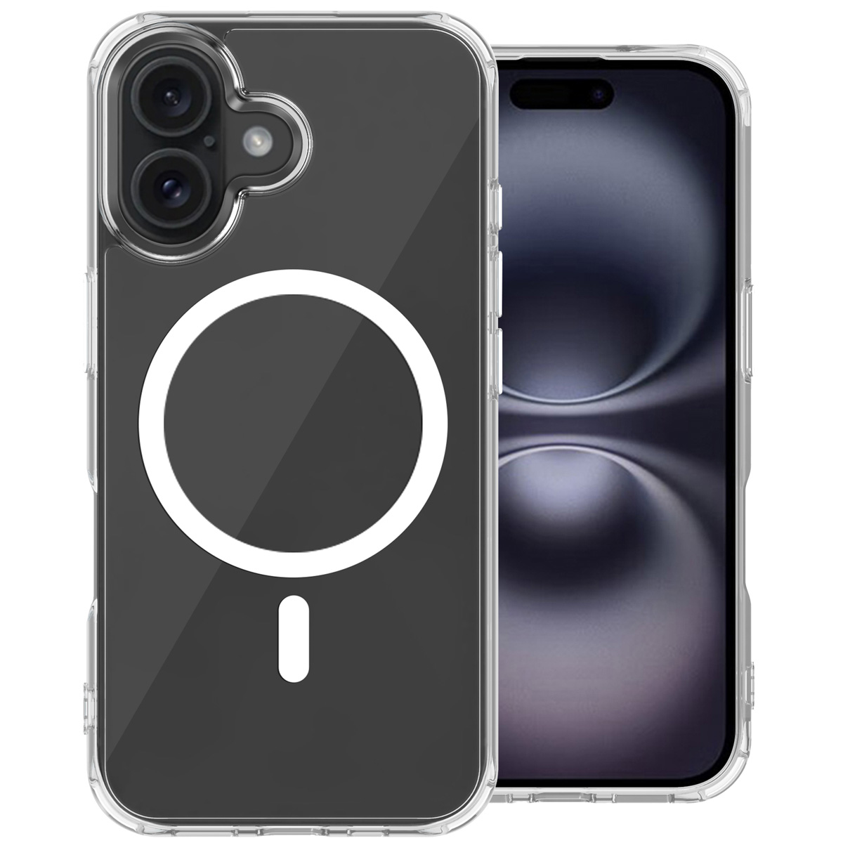 Custodia trasparente con cerchio magnetico bianco e telefono con retro nero.