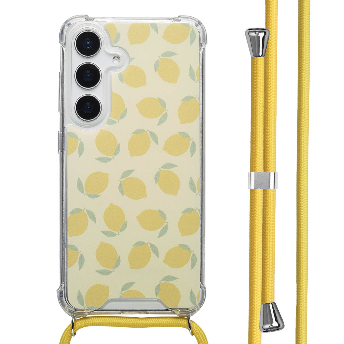 Telefoonhoes met geel citroenpatroon, geel koord en zilveren accenten.